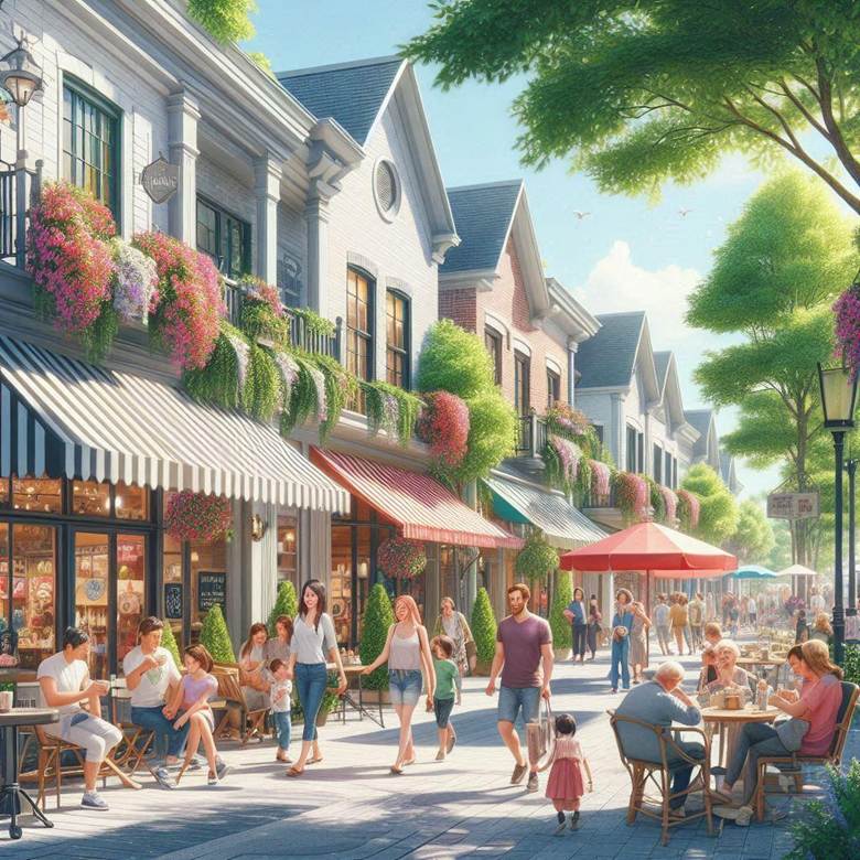 A charming small-town street lined with local shops, trees, and people enjoying a sunny day, showcasing a welcoming and peaceful atmosphere.