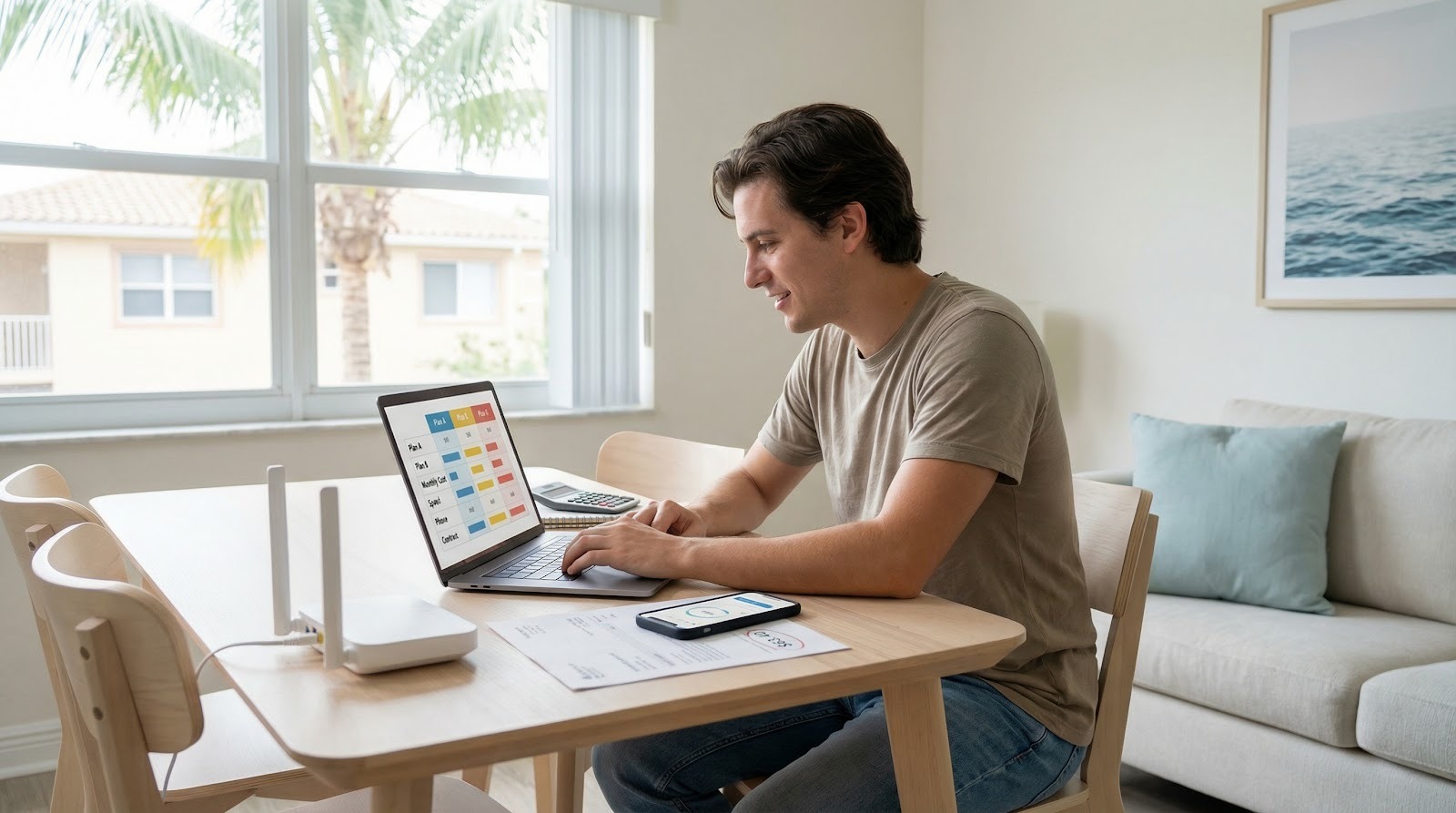 This acts as the main hero image, visually framing the article as a Florida-specific guide to lowering internet and phone costs for renters.