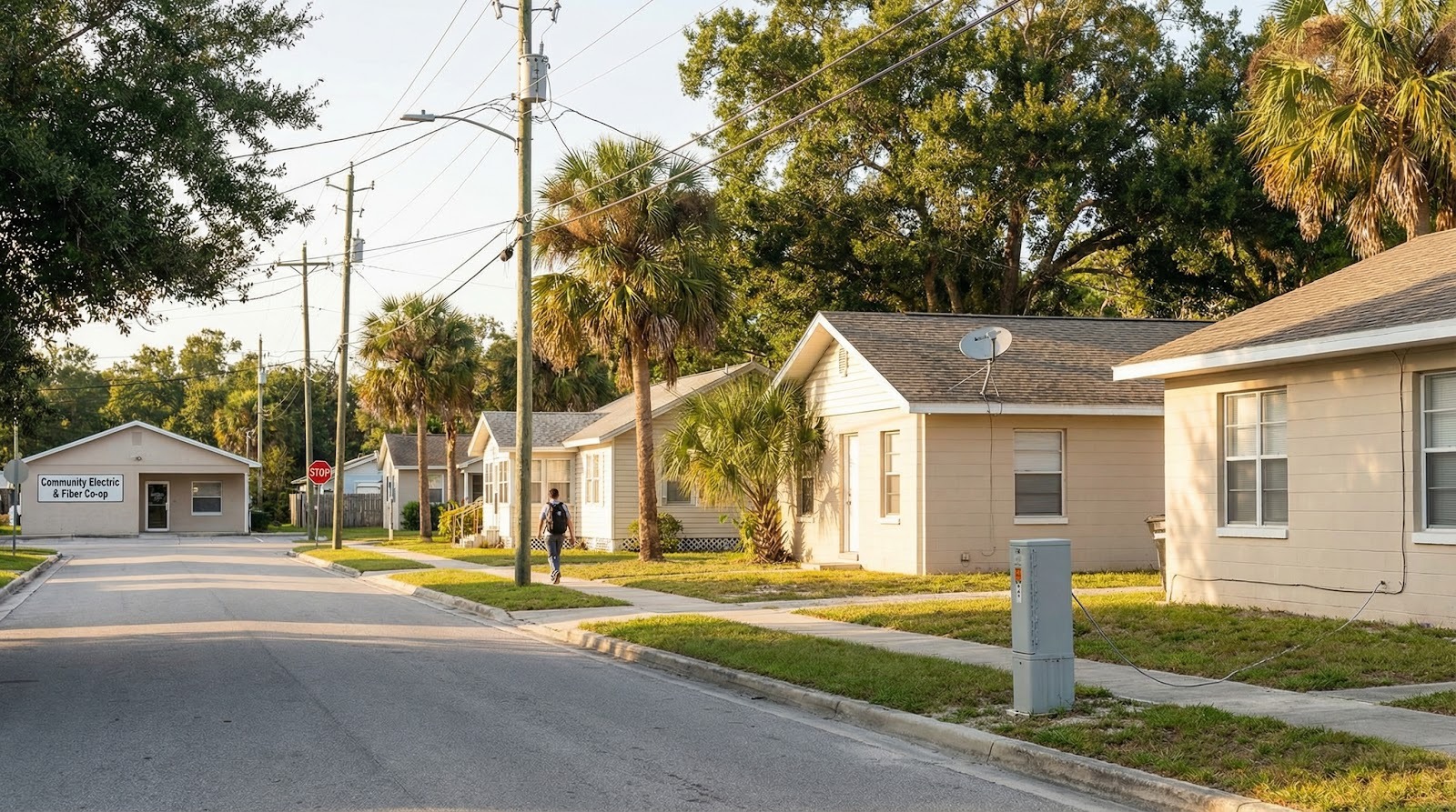 A conceptual but realistic Florida neighborhood scene with hints of local co-ops, regional fiber, and satellite dishes makes the idea of alternative providers tangible for readers outside big-city footprints.
