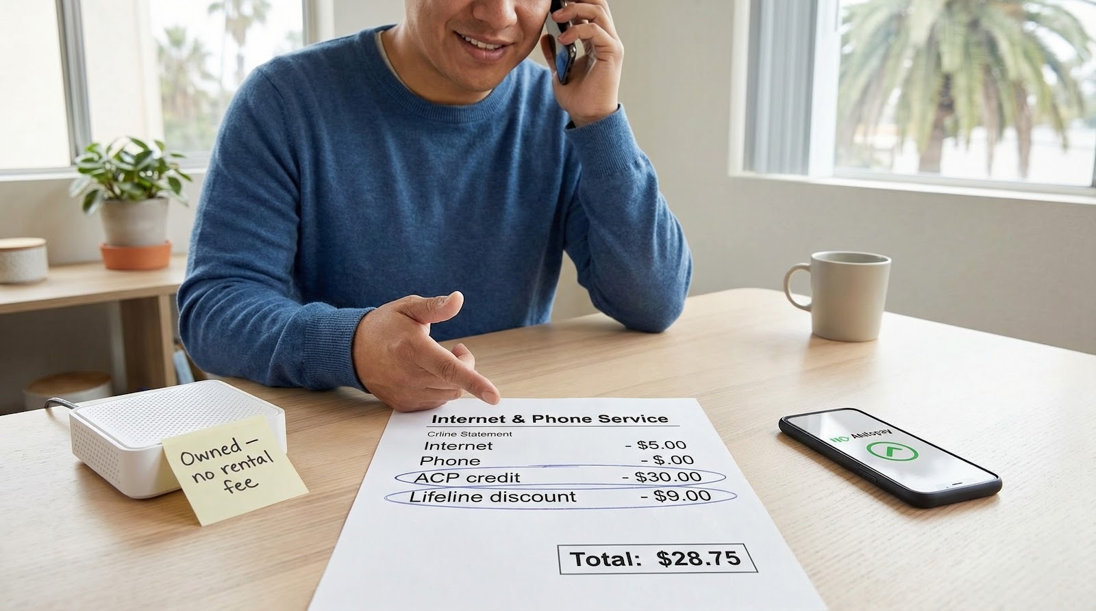 This section contains the biggest ongoing savings opportunities (ACP, Lifeline, modem ownership, autopay, negotiation); a clear, relatable image of a renter reviewing a discounted bill reinforces that these programs are real and worth acting on.