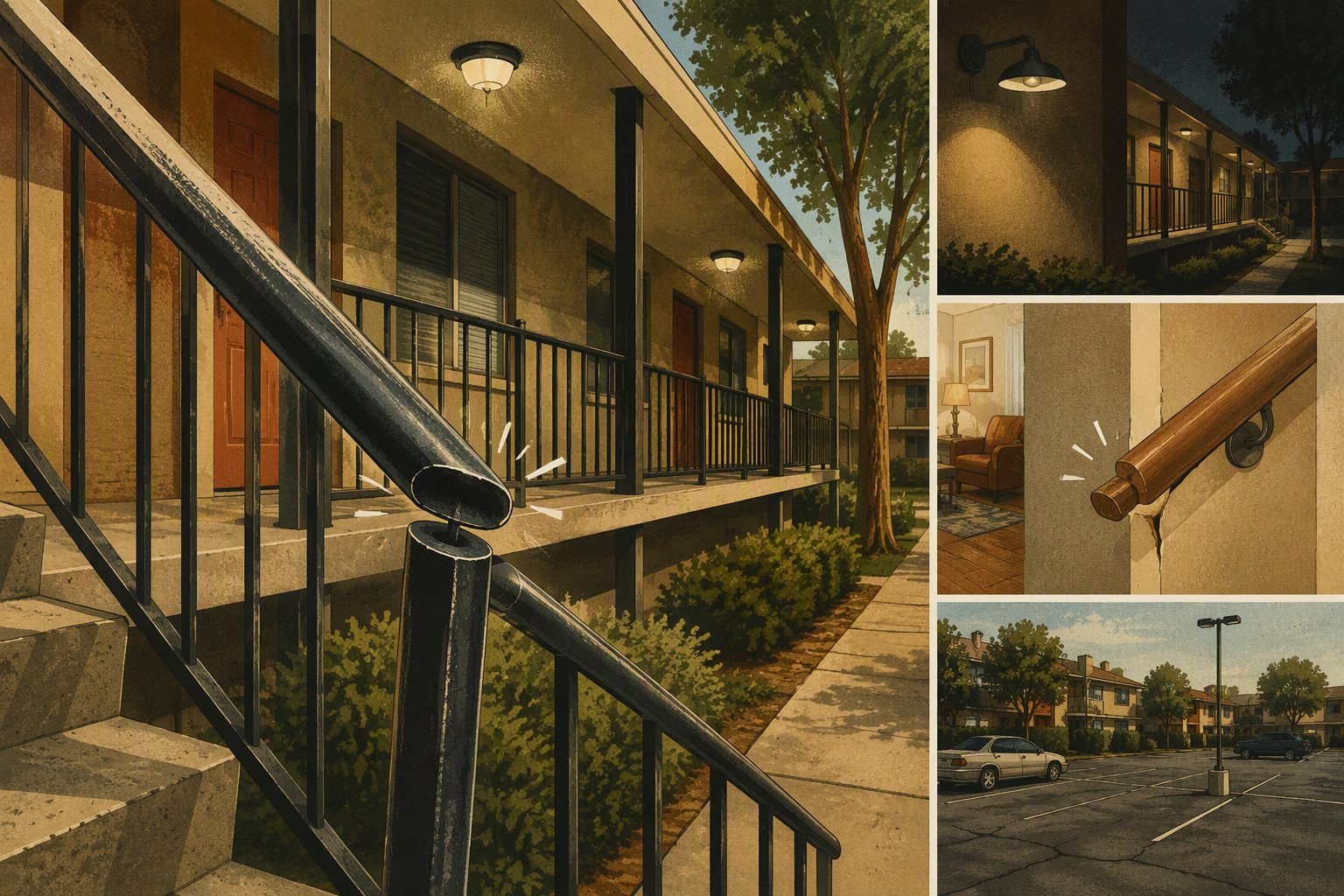 Close-up of an exterior handrail and walkway being inspected at a multifamily rental property