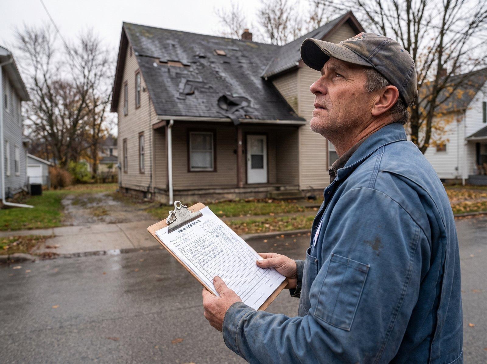 A landlord reviews a repair estimate on a clipboard in front of a rental house with storm-damaged shingles